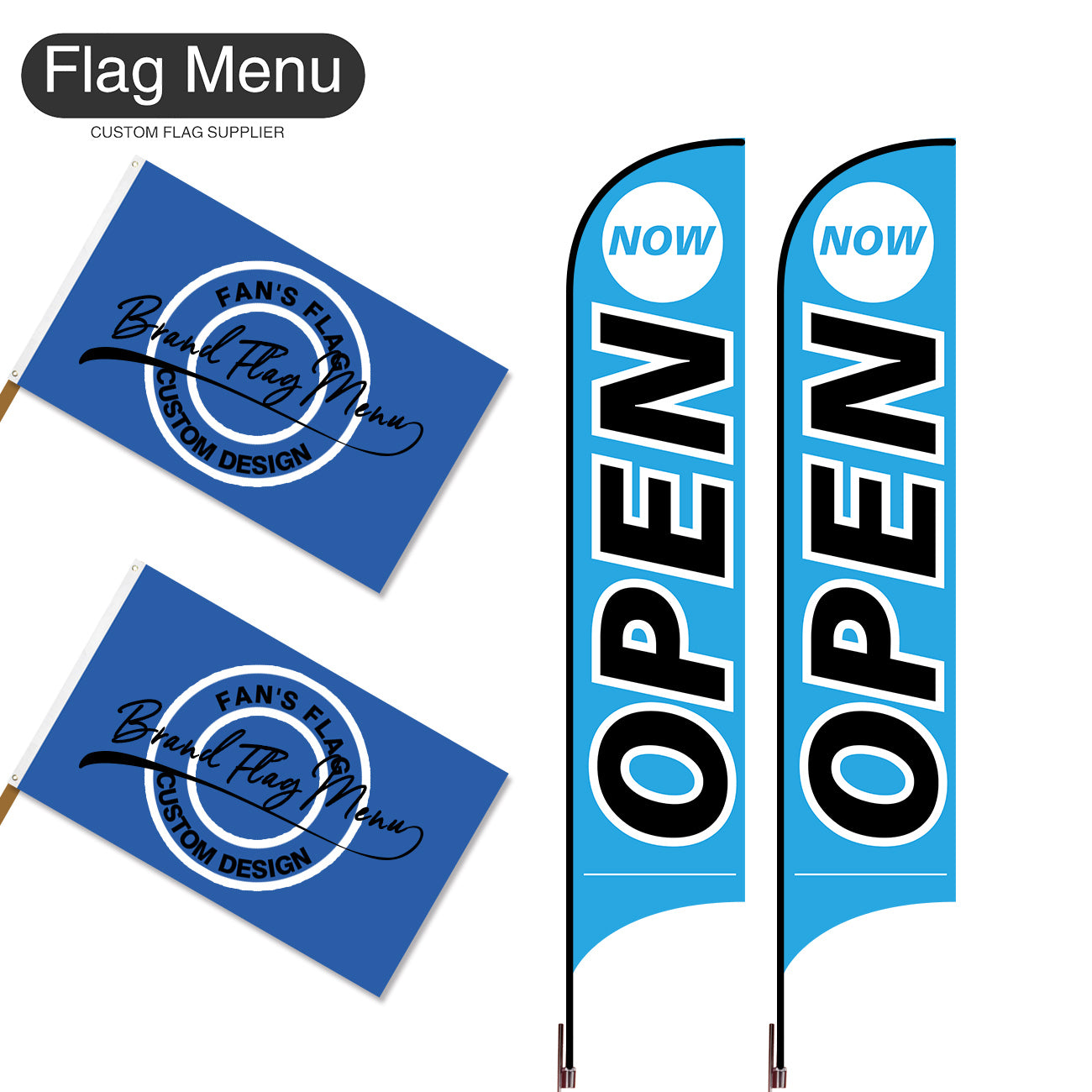 Outdoor Advertising Set - B-Blue A-S - Feather Flag -Double Sided & 3'x5' Regular Flag -Single Sided-Cross & Water Bag-Flag Menu