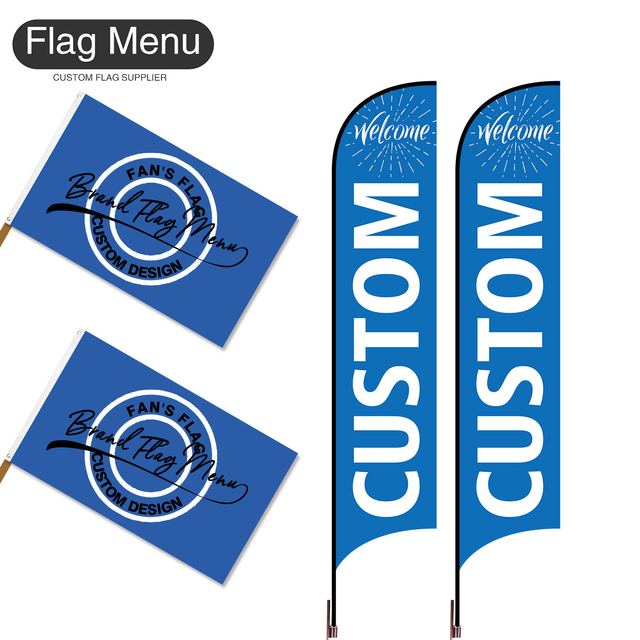 Outdoor Advertising Set - C-Blue B-S - Feather Flag -Double Sided & 3'x5' Regular Flag -Single Sided-Cross & Water Bag-Flag Menu