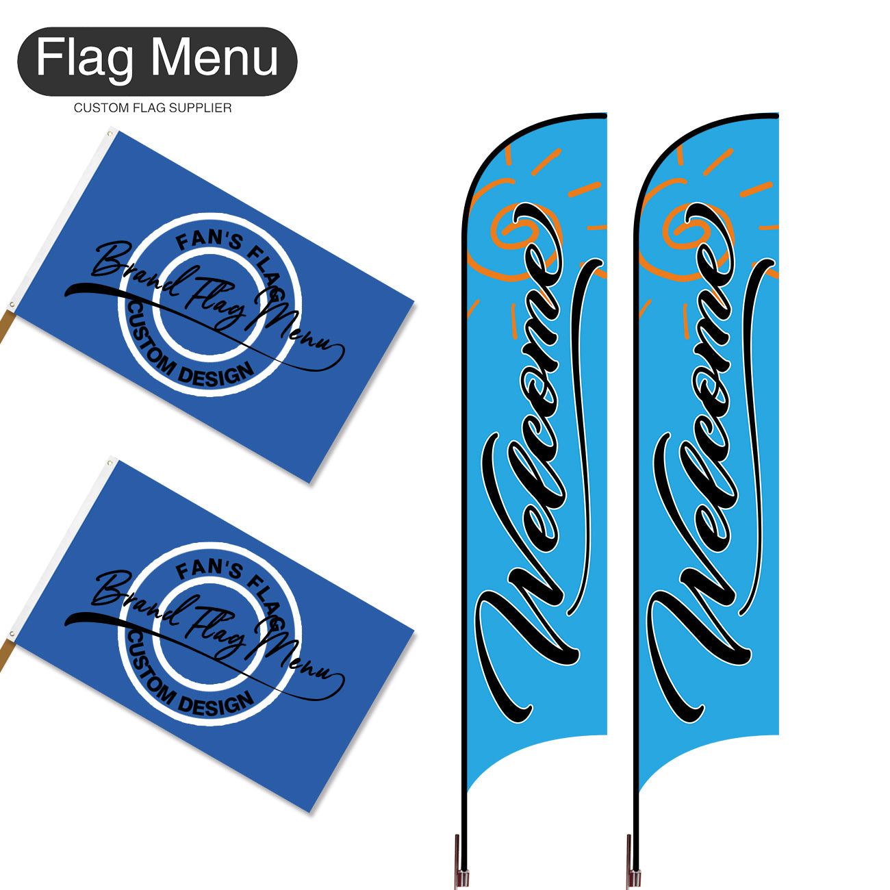 Outdoor Advertising Set - D-Blue B-S - Feather Flag -Double Sided & 3'x5' Regular Flag -Single Sided-Cross & Water Bag-Flag Menu
