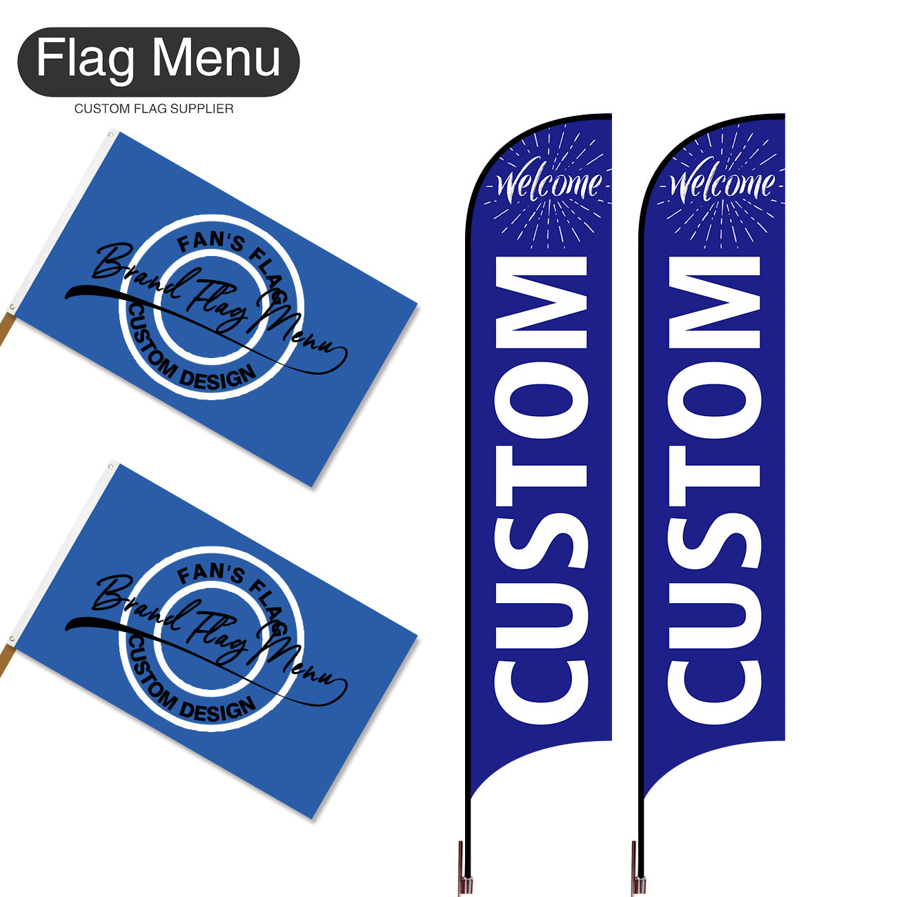 Outdoor Advertising Set - C-Blue C-S - Feather Flag -Double Sided & 3'x5' Regular Flag -Single Sided-Cross & Water Bag-Flag Menu