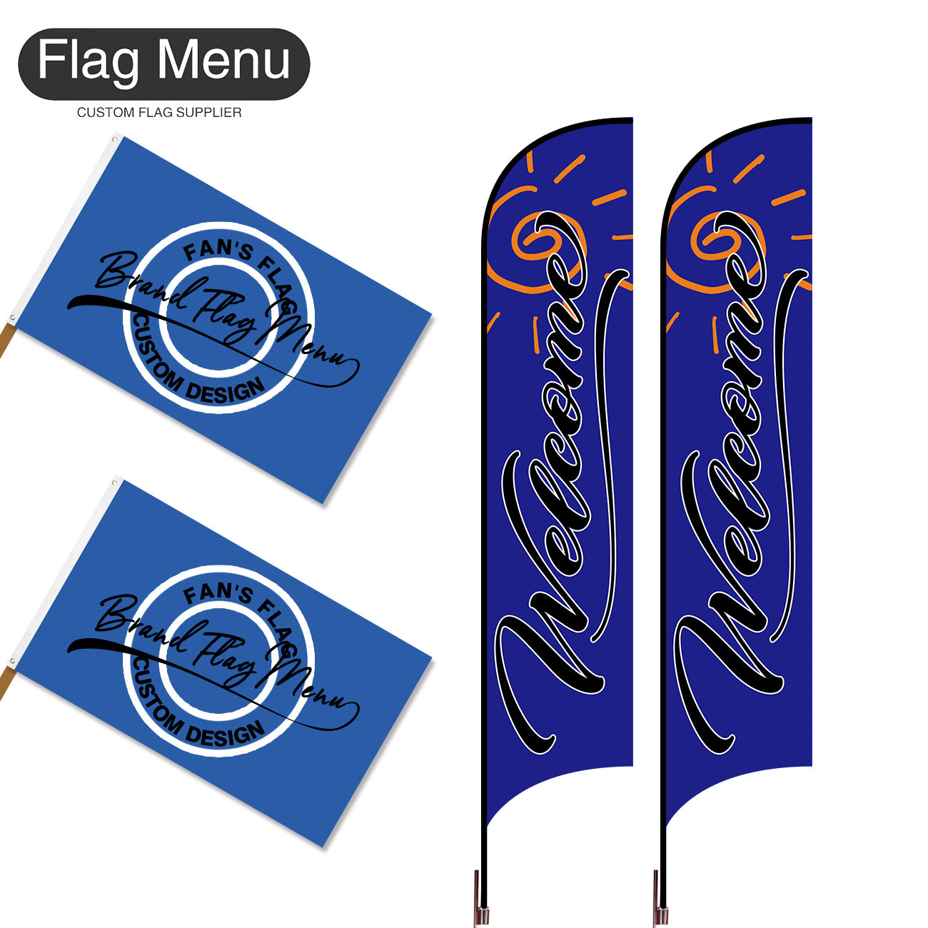 Outdoor Advertising Set - D-Blue C-S - Feather Flag -Double Sided & 3'x5' Regular Flag -Single Sided-Cross & Water Bag-Flag Menu