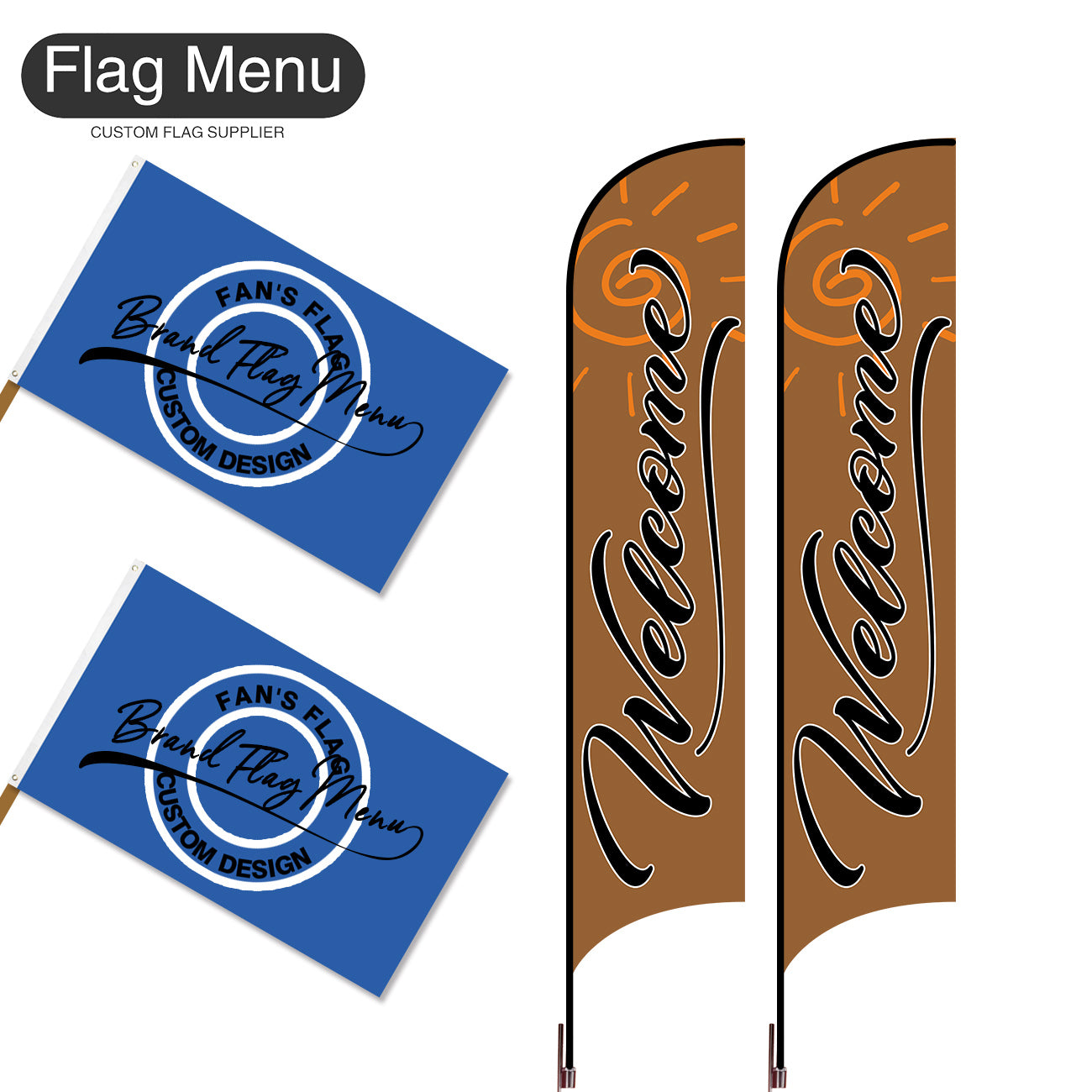 Outdoor Advertising Set - D-Brown-S - Feather Flag -Double Sided & 3'x5' Regular Flag -Single Sided-Cross & Water Bag-Flag Menu