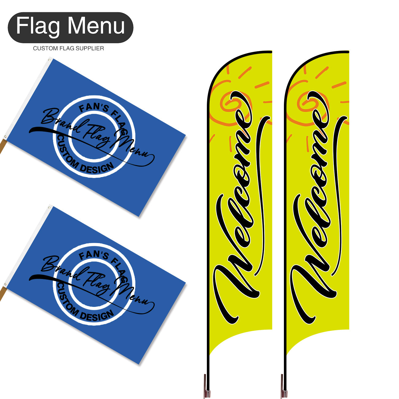 Outdoor Advertising Set - D-Green A-S - Feather Flag -Double Sided & 3'x5' Regular Flag -Single Sided-Cross & Water Bag-Flag Menu