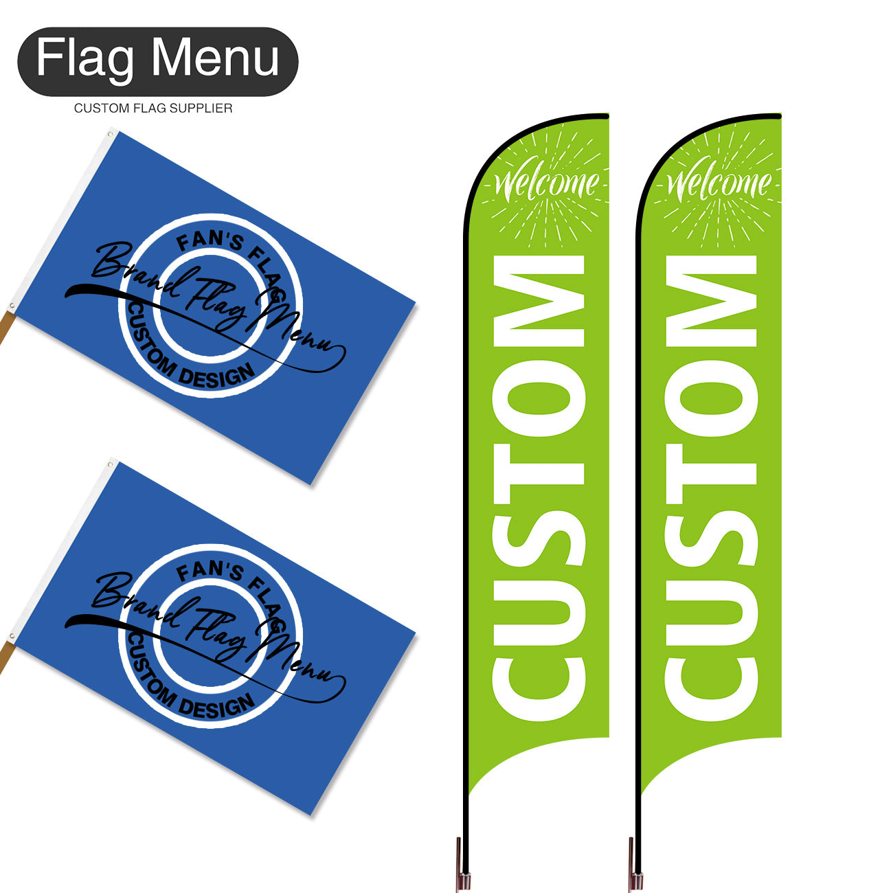 Outdoor Advertising Set - C-Green B-S - Feather Flag -Double Sided & 3'x5' Regular Flag -Single Sided-Cross & Water Bag-Flag Menu