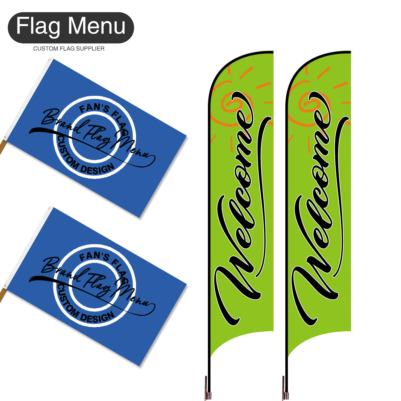 Outdoor Advertising Set - D-Green B-S - Feather Flag -Double Sided & 3'x5' Regular Flag -Single Sided-Cross & Water Bag-Flag Menu