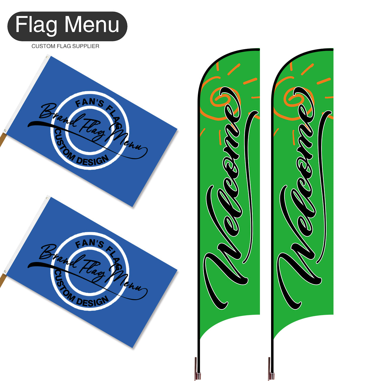 Outdoor Advertising Set - D-Green C-S - Feather Flag -Double Sided & 3'x5' Regular Flag -Single Sided-Cross & Water Bag-Flag Menu