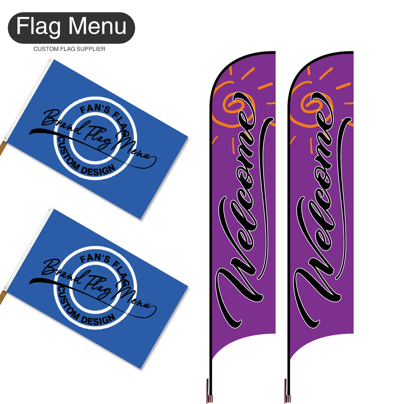 Outdoor Advertising Set - D-Purple A-S - Feather Flag -Double Sided & 3'x5' Regular Flag -Single Sided-Cross & Water Bag-Flag Menu