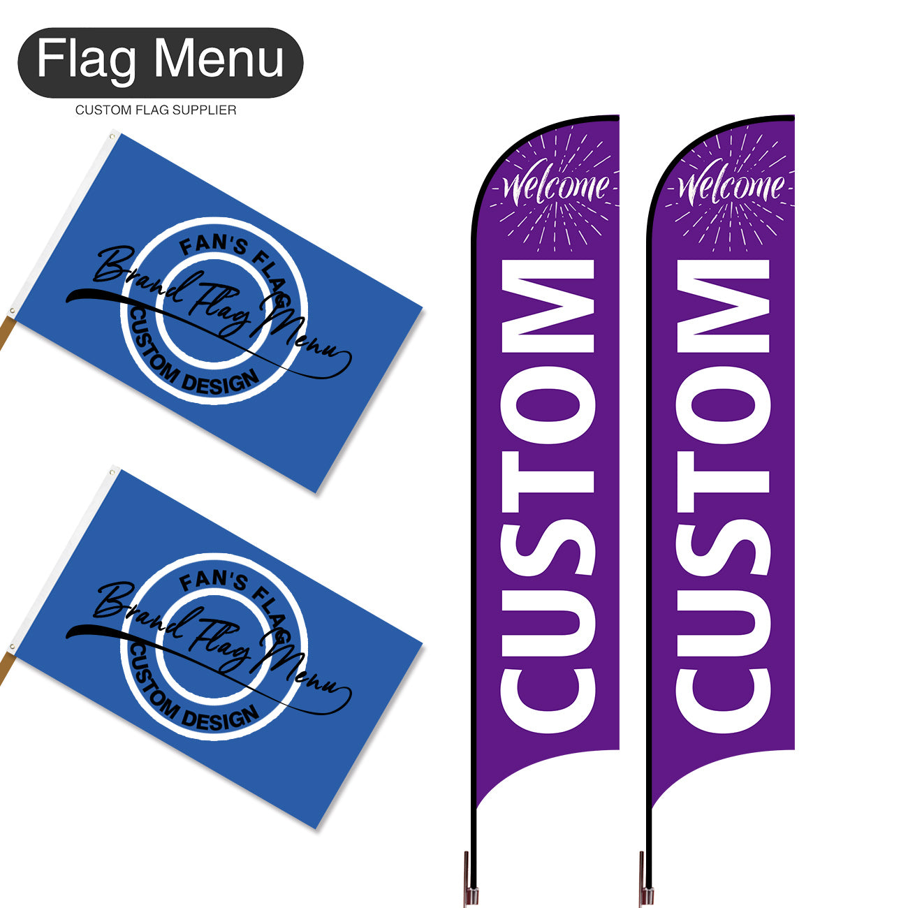 Outdoor Advertising Set - C-Purple A-S - Feather Flag -Double Sided & 3'x5' Regular Flag -Single Sided-Cross & Water Bag-Flag Menu