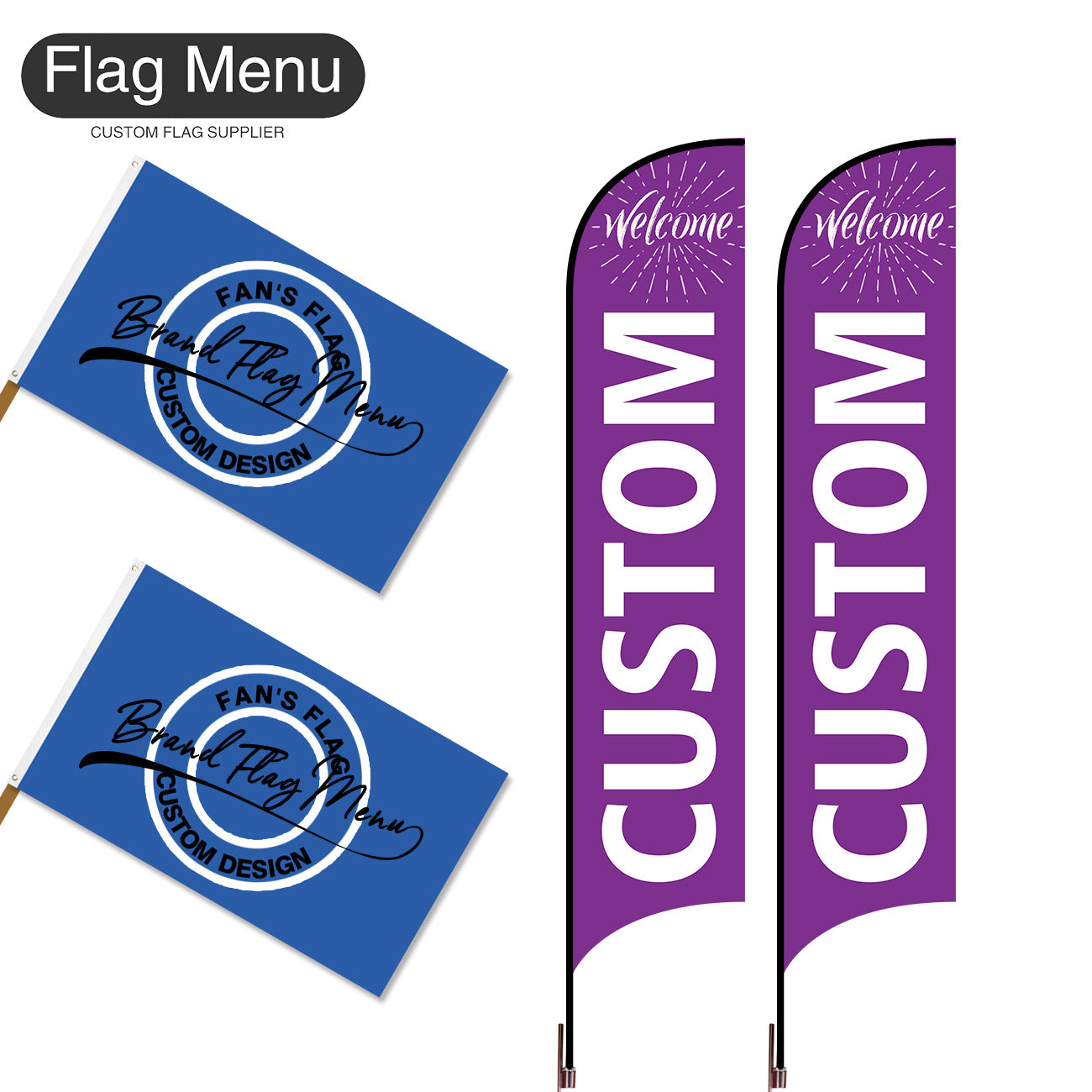 Outdoor Advertising Set - C-Purple B-S - Feather Flag -Double Sided & 3'x5' Regular Flag -Single Sided-Cross & Water Bag-Flag Menu