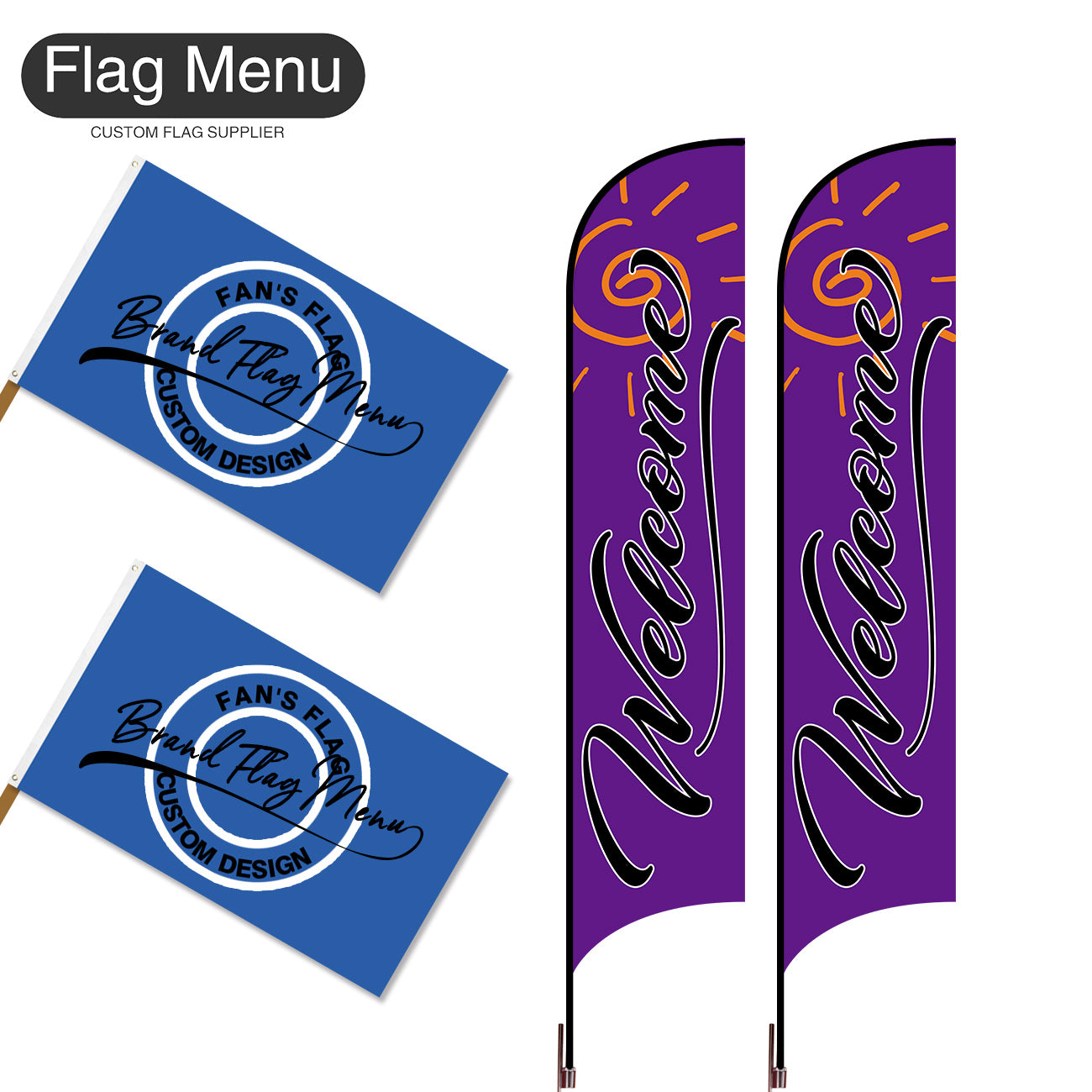 Outdoor Advertising Set - D-Purple B-S - Feather Flag -Double Sided & 3'x5' Regular Flag -Single Sided-Cross & Water Bag-Flag Menu