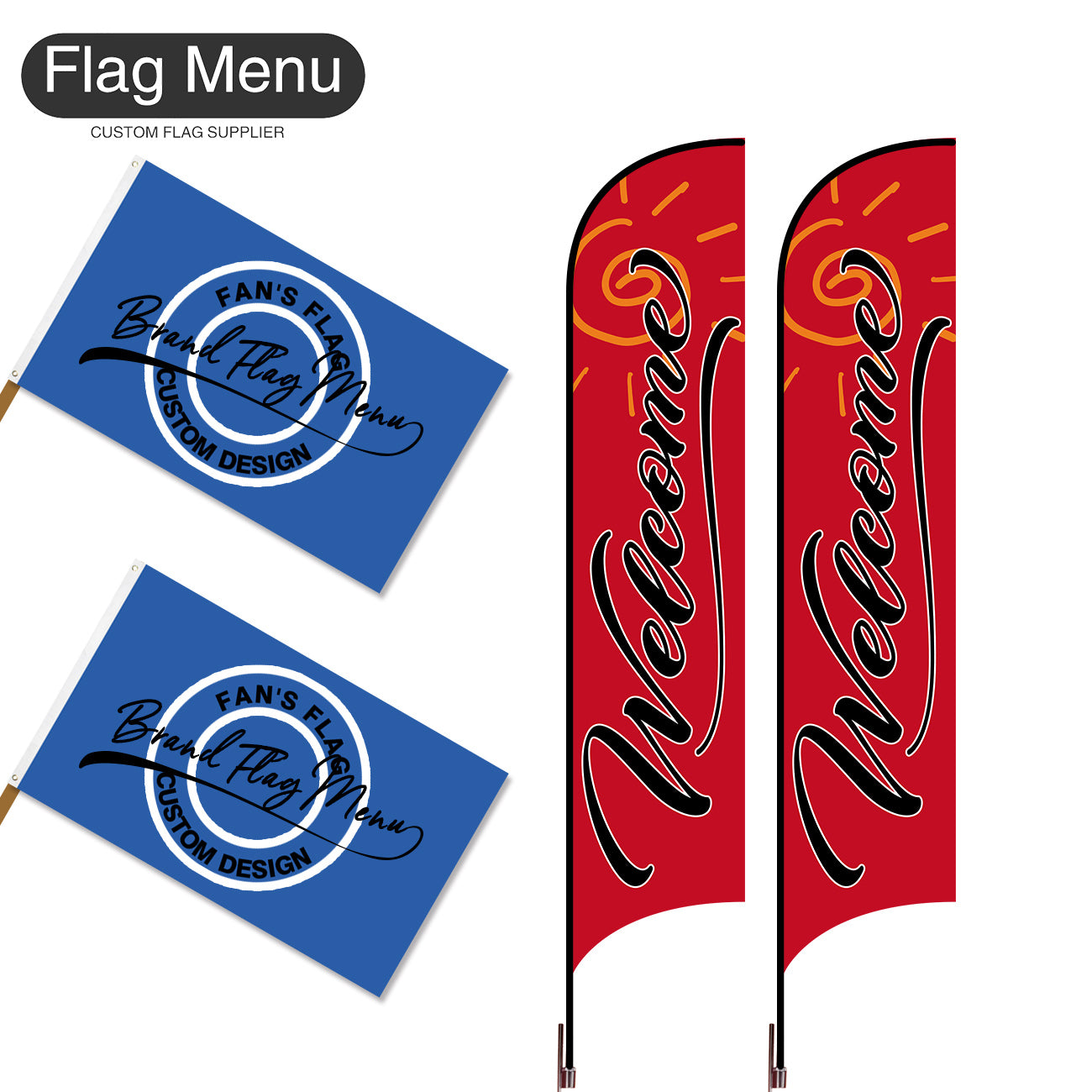 Outdoor Advertising Set - D-Red-S - Feather Flag -Double Sided & 3'x5' Regular Flag -Single Sided-Cross & Water Bag-Flag Menu