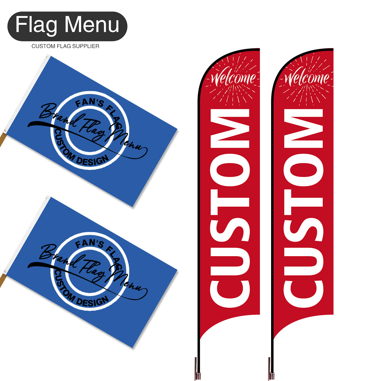 Outdoor Advertising Set - C-Red-S - Feather Flag -Double Sided & 3'x5' Regular Flag -Single Sided-Cross & Water Bag-Flag Menu