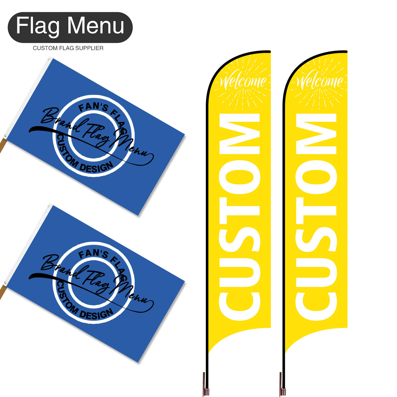Outdoor Advertising Set - C-Yellow A-S - Feather Flag -Double Sided & 3'x5' Regular Flag -Single Sided-Cross & Water Bag-Flag Menu