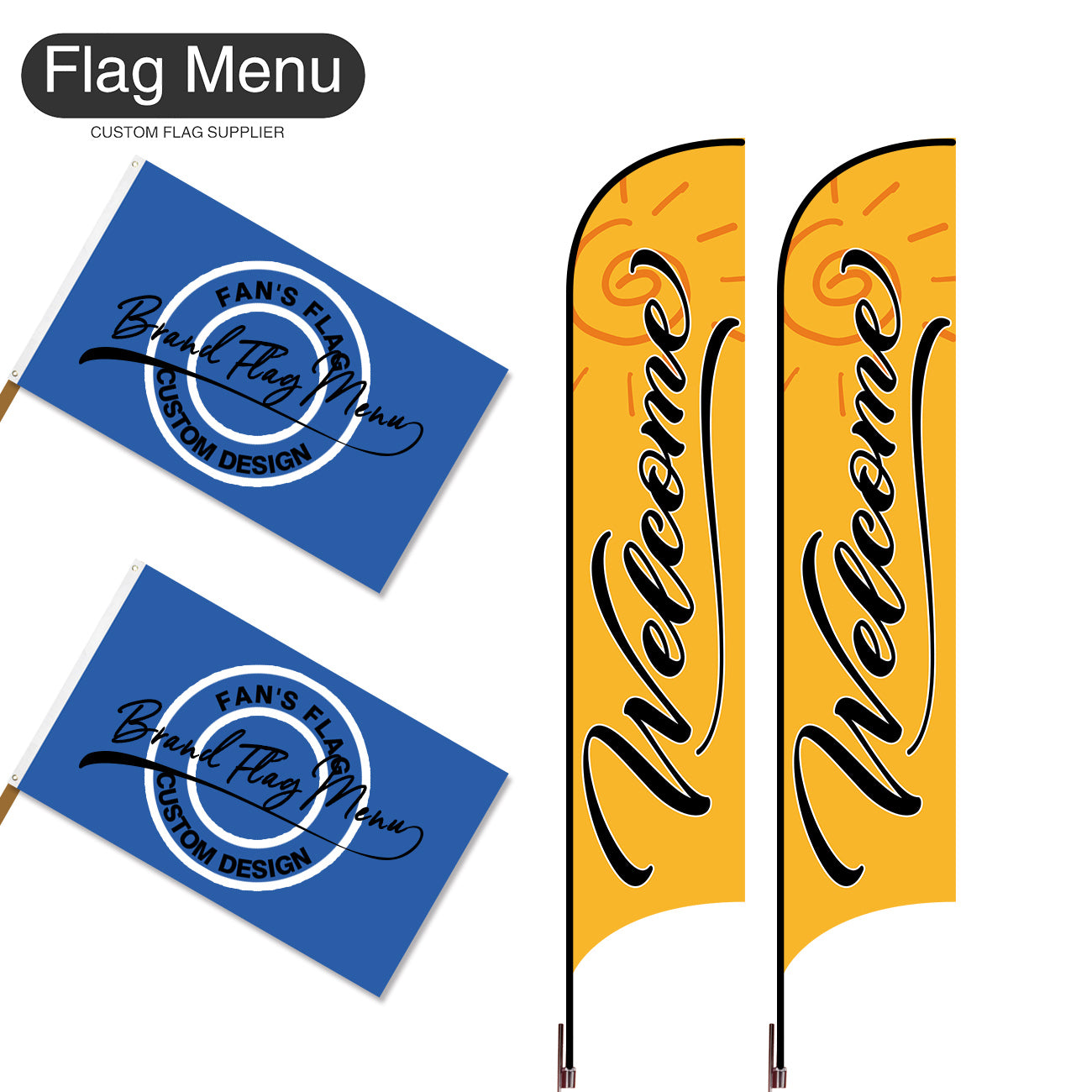 Outdoor Advertising Set - D-Yellow A-S - Feather Flag -Double Sided & 3'x5' Regular Flag -Single Sided-Cross & Water Bag-Flag Menu