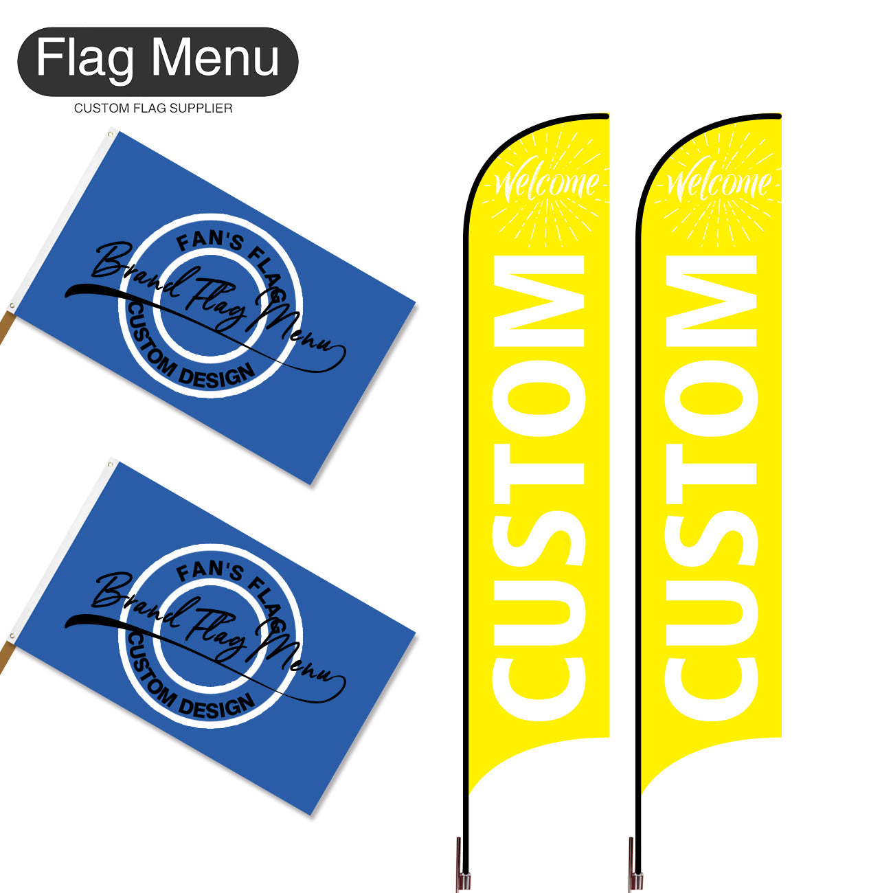 Outdoor Advertising Set - C-Yellow B-S - Feather Flag -Double Sided & 3'x5' Regular Flag -Single Sided-Cross & Water Bag-Flag Menu