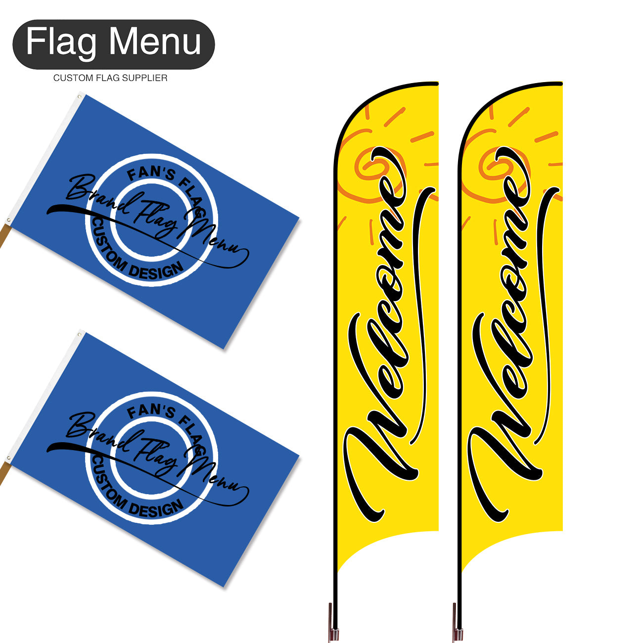 Outdoor Advertising Set - D-Yellow B-S - Feather Flag -Double Sided & 3'x5' Regular Flag -Single Sided-Cross & Water Bag-Flag Menu