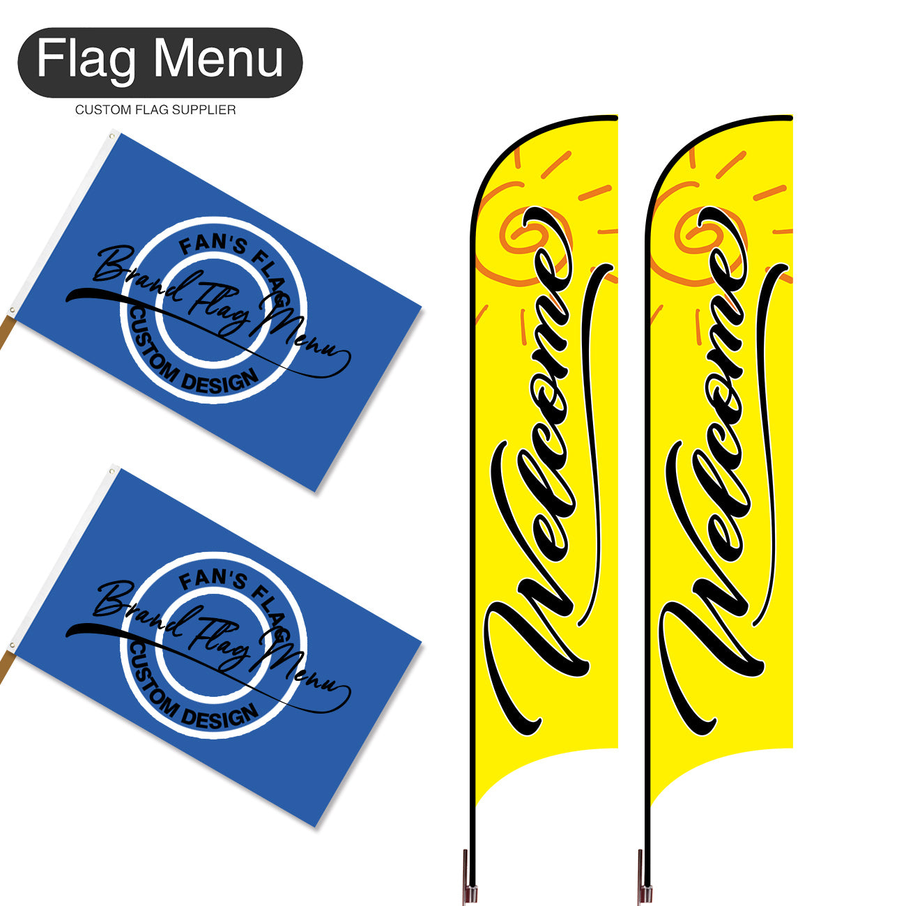 Outdoor Advertising Set - D-Yellow C-S - Feather Flag -Double Sided & 3'x5' Regular Flag -Single Sided-Cross & Water Bag-Flag Menu