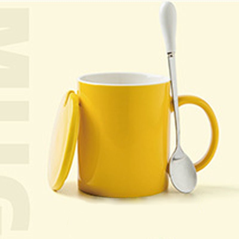 11.8oz Custom Logo Cup/Mug With Lid&Spoon - Souvenir/Business Advertising-Yellow-Decorating Firing-100 Pcs-FlagMenu.com